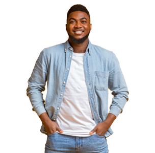 Portrait of handsome black guy standing with hands in pockets