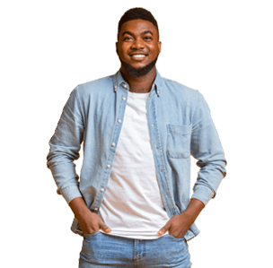 Portrait of handsome black guy standing with hands in pockets