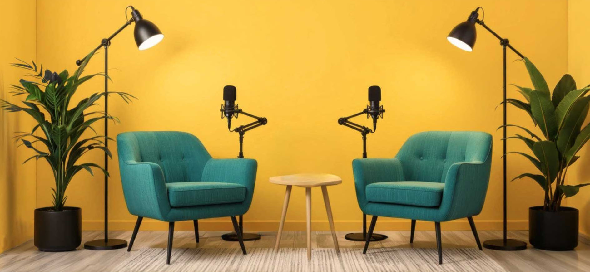 Yellow podcast set with teal chairs, microphones and lights.