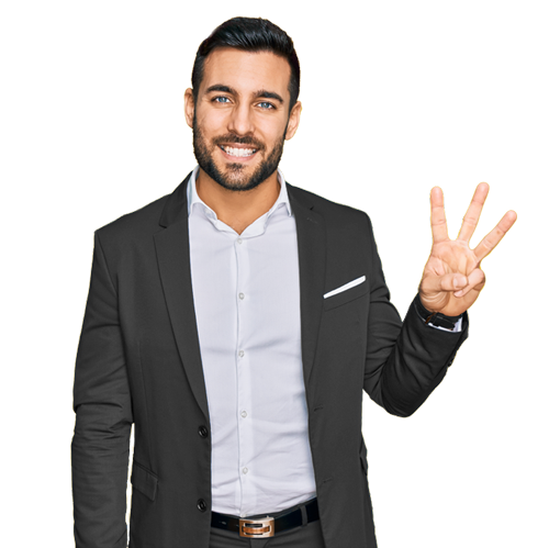 Young hispanic man wearing business jacket with fingers number three while smiling confident and happy.