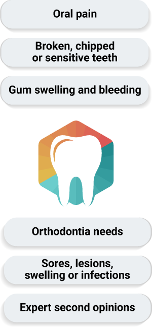 Conditions that DialCare Teledentistry can provide: Oral pain, broken, chipped or sensitive teeth, gum swelling and bleeding, orthodontia needs, sores, lesions, swelling or infections, expert second opinions