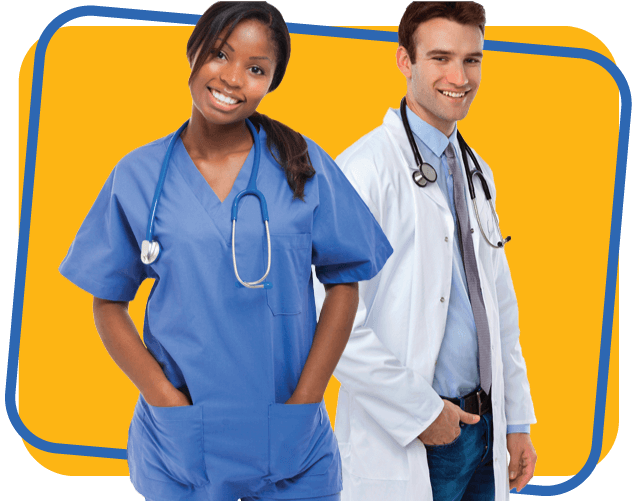 Smiling female nurse wearing scrubs with her hands in her pockets standing in front of a smiling male doctor wearing a lab coat.