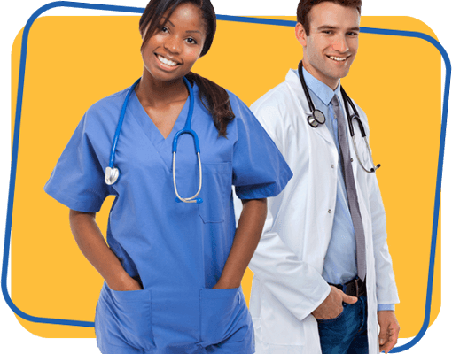 Smiling female nurse wearing scrubs with her hands in her pockets standing in front of a smiling male doctor wearing a lab coat.